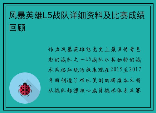 风暴英雄L5战队详细资料及比赛成绩回顾